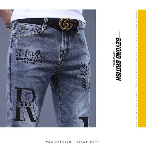 Slim Fit Korean Streetwear Graphical Printed Luxury Hip-Hop Stretch Denim Jeans for Men - Perfect Medium Wash Jeans Outfit